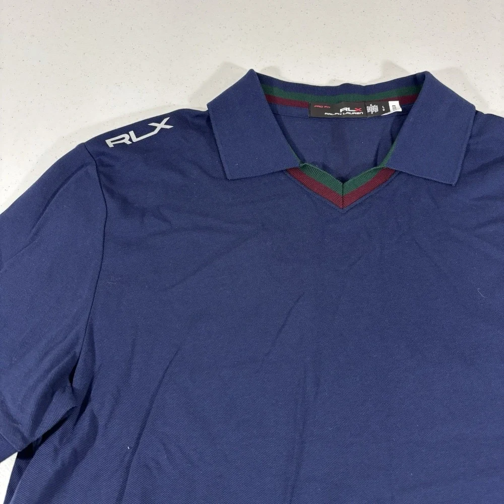 RLX Ralph Lauren Men's Striped V-Neck Pro Fit Polo Shirt Navy Blue Sz L Knit